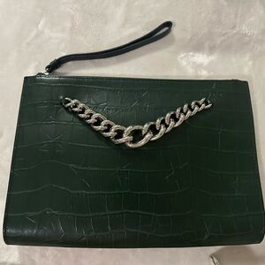 Leather Green Croc-Embossed Clutch with Chain Detail